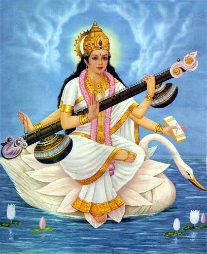 "May Goddess Saraswati, who is fair like the jasmine-colored moon,  and whose pure white garland is like frosty dew drops;  who is adorned in radiant white attire, on whose beautiful arm rests the veena, and whose throne is a white lotus; who is surrounded and respected by the Gods, protect me." Mata Saraswati, Saraswati Picture, Saraswati Painting, Saraswati Mata, Saraswati Photo, Bhagwan Ji, Saraswati Devi, Saraswati Goddess, Durga Images