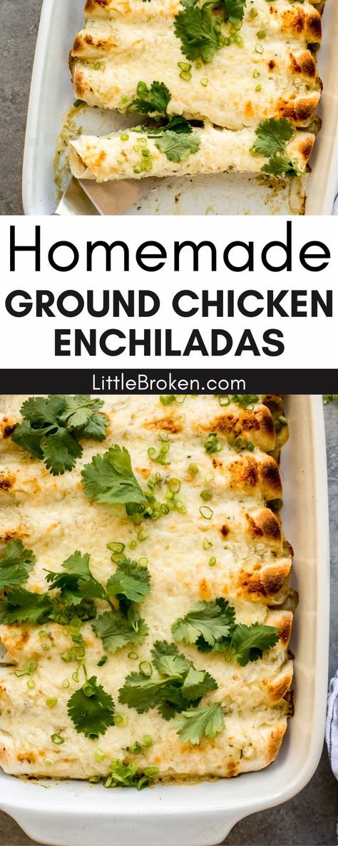 Homemade Ground Chicken Enchiladas are a delicious dish that is ready in under one hour! This ground chicken sour cream enchiladas recipe is such an easy recipe made with a basic filling of ground chicken, spices, green onions, and cilantro. Then rolled up in flour tortillas and topped with a flavorful creamy green sauce and sprinkled with cheese before it’s baked until hot all the way through. Ground Chicken Enchiladas, Homemade Ground Chicken, Chicken Tortilla Recipe, Creamy Green Sauce, Chicken Sour Cream Enchiladas, Chicken Sour Cream, Ground Chicken Tacos, Healthy Taco Recipes, Sour Cream Enchiladas