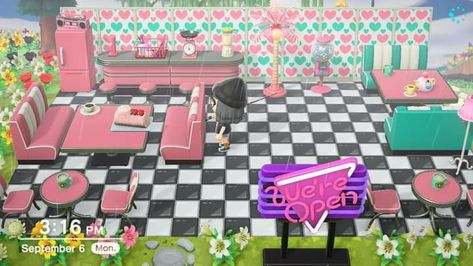 Acnh Pink Diner, Acnh Dinner Ideas, Animal Crossing Dinner Ideas, Outdoor Diner Acnh, Animal Crossing Diner Ideas, Acnh Diner Designs, Diner Animal Crossing, Acnh Diner, Pink Diner