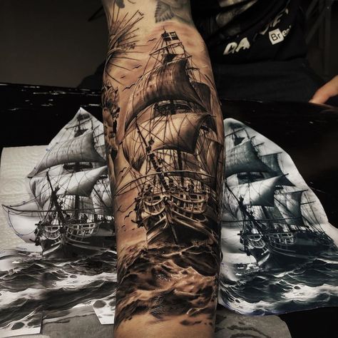 Sailship Tattoo, Sailor Tattoos Traditional, Ships Tattoo, Captain Tattoo, Man Arm Tattoo, Pirate Themed Tattoos, Ship Tattoo Design, Shipwreck Tattoo, Sunken Ship Tattoo