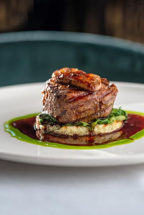 Tournedos Rossini. Foie gras, Black Angus beef tenderloin, with red wine sauce. Fillet mignon steak with Foie Gras. royalty free stock photos Tenderloin With Red Wine Sauce, French Bistro Food, Cooked Goose, Red Photos, Bowls Recipes, Mignon Steak, Filet Mignon Recipes, Beef Filet