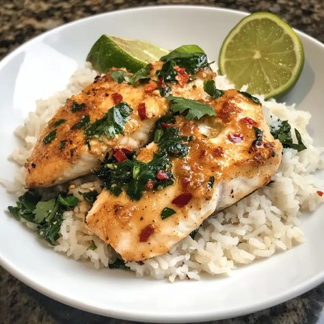 Fish Over Rice, Coconut Lime Sauce For Fish, Elegant Fish Recipes, Coconut Lime Fish With Avocado Salsa, Fish With Coconut Milk Recipe, Coconut Fish Recipes, Fish With Rice Recipes, Tropical Fish Recipes, Mediterranean Diet Recipes Dinners Fish