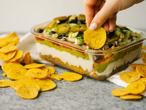 Paleo Taco Dip is a healthy, paleo twist on a traditional taco or seven-layer dip! This Whole30 appetizer is perfect for a party or watching some football. Bake Tacos, Paleo Taco, Healthy Party Appetizers, Paleo Tacos, Cashew Sour Cream, Seven Layer Dip, Guacamole Salsa, Taco Bake, Plantain Chips