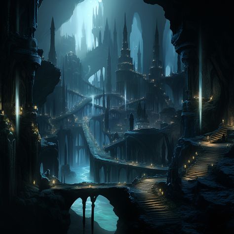 She'adú, city of Dorfyns, concept are #Midjourney #AI Elf City Concept Art, Underdark City Art, Drow City Concept Art, Dark Fantasy City Concept Art, Underdark Art, Drow Underdark, Underdark Aesthetic, Underdark City, Dnd Visuals