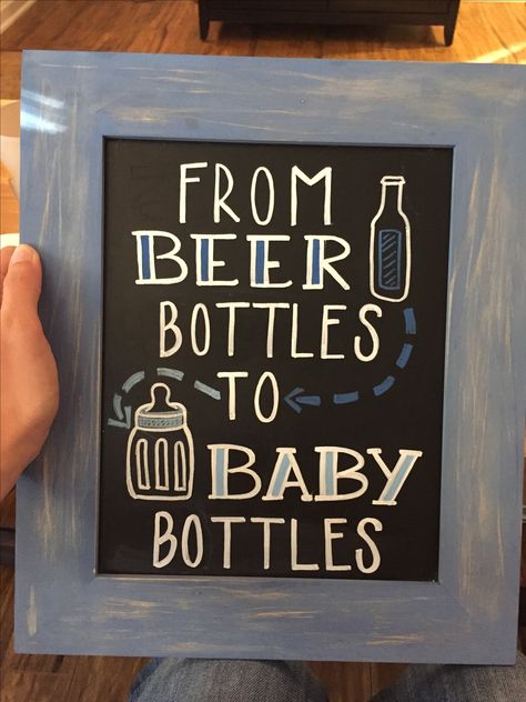 Baby shower signs by Amanda Kay - beer bottles to baby bottles chalkboard sign Beer Themed Gender Reveal, Beer Gender Reveal Ideas, Guys Baby Shower Ideas, Beer Shower Ideas, Huggies And Chuggies Party Games, Diapers And Beer Party Ideas, Huggies And Chuggies Party Decor, Daddy Shower Ideas, Men Baby Shower Ideas