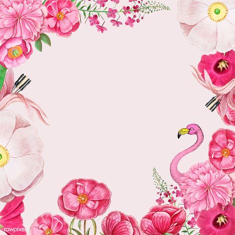 Vintage flowers and pink flamingo border frame vector | free image by rawpixel.com Photo Borders, Rosas Vector, Botanical Background, Pink And White Background, Zestaw Ikon, Framed Wedding Photos, Floral Wedding Invitation Card, Tropical Background, Border Frame