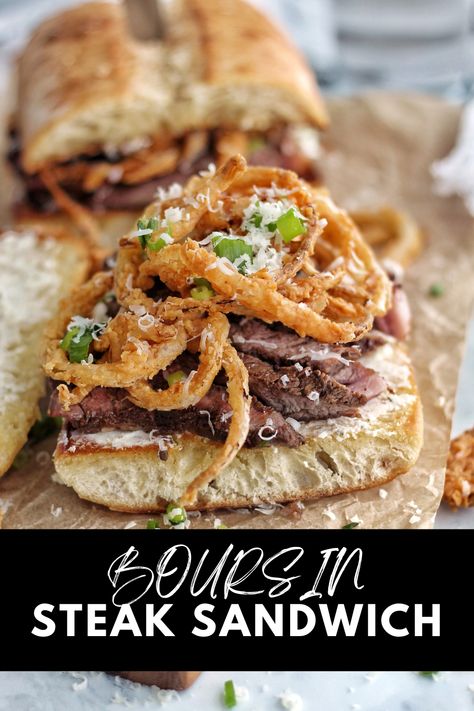 Boursin Steak Sandwich Shaved Steak Sandwich Recipes, Boursin Steak, Pan Seared Ribeye Steak, Fried Onion Strings, Seared Ribeye Steak, Pan Seared Ribeye, Sandwich Spread Recipes, Boursin Recipes, Onion Strings