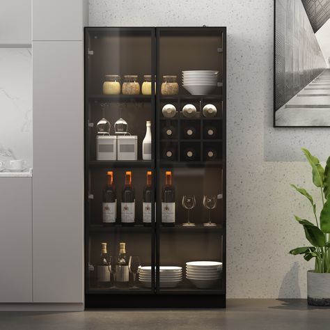 Liquor Closet, Modern Bar Cabinets For Home, Pantry With Wine Storage, Glass Bar Cabinet, Modern Display Cabinet, Black Pantry, Liquor Display, Display Cabinet Modern, Vitrine Vintage