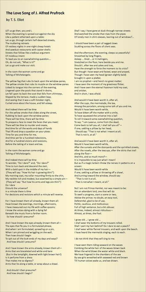 The Love Song of J. Alfred Prufrock - by T. S. Eliot. My all-time favourite poem, though I've measured out my life in teabags rather than coffee spoons. Work Song, T S Eliot, T S Eliot Poetry, English Elocution Poems, J Alfred Prufrock, Ts Eliot Poems, The Love Song Of J Alfred Prufrock, Do The Next Thing Poem Elisabeth Elliot, Poems Old Poets