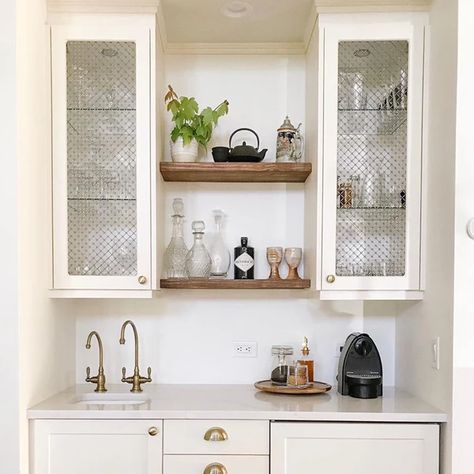 Achieve the Glass-front Cabinet Look with Semihandmade Wet Bar Backsplash, Small Wet Bar, Wet Bar Designs, Shaker Style Cabinet Doors, Home Wet Bar, Home Bar Design, Built In Bar, Glass Front Cabinets, Kitchen Transformation