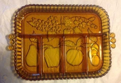 Indiana glass Honey amber fruit Relish tray divided serving plate brown | #526480756 Glass Serving Tray, Relish Tray, Relish Trays, Fruit Serving, Glass Tray, Fruit Design, Pattern Glass, Vintage Indian, Fruit Pattern