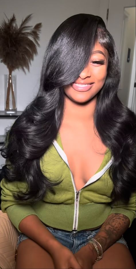 Dramatic Side Part Hair, Side Part With Layers, Side Part Layers, Side Part Sew In, Layered Side Part, Leave Out, Quickweave Hairstyles, Side Part Hairstyles, Birthday Hairstyles