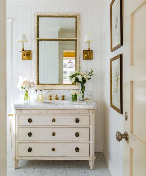 Marshall Watson Interiors (@marshallwatsoninteriors) on Instagram: “An Gustavian Swedish antique chest of drawers can be transformed into the perfect powder room sink! ”  Love this! Photo by @lisaromerein #gustavian Powder Room Sink, French Country Bathroom, Country Bathroom, Home Luxury, Elegant Bathroom, Cool Ideas, French Country Decorating, Beautiful Bathrooms, Bathroom Makeover