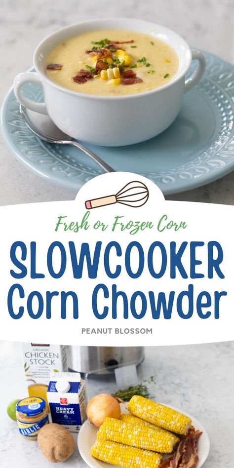 Easy slow cooker corn chowder has crispy bacon and sweet corn kernels on top. You can make this at the peak of corn season in the summer or use frozen corn any time of year. Make a double batch of corn on the cob for dinner one night and just save some of the cobs to make this soup the next day. A potato and the corn starch help thicken the soup so you only need a splash of cream for richness. Corn Chowder Recipe Easy, Slow Cooker Corn, Slow Cooker Corn Chowder, Meal Train, Savory Bacon, Best Frozen Meals, Peanut Gallery, Photography Examples, Delicious Slow Cooker Recipes