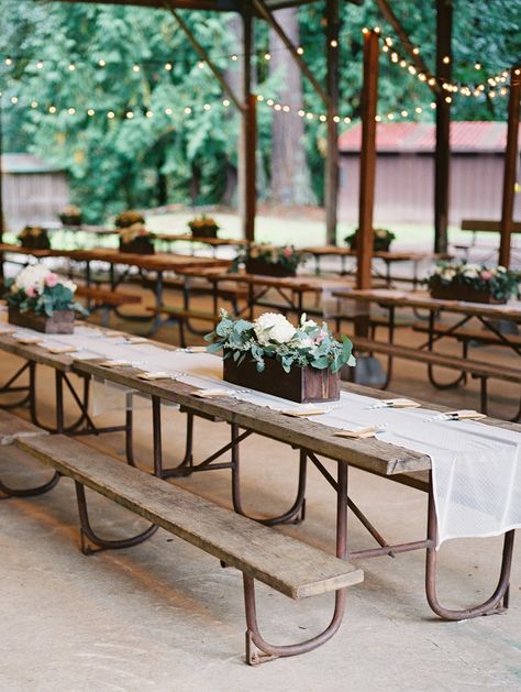 DIY Oregon Wedding at Camp Lane  Read more - http://www.stylemepretty.com/2013/12/30/diy-oregon-wedding-at-camp-lane/ Picnic Table Wedding, Wedding Picnic Reception, Rustic Table Runners, Wedding Backyard Reception, Deco Champetre, Pavilion Wedding, Picnic Wedding, Camp Wedding, Eco Friendly Wedding