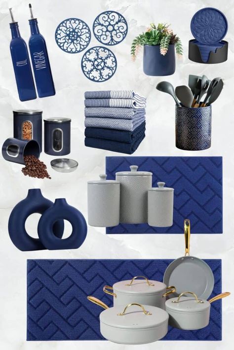 22 Awesome Navy Blue and Grey Kitchen Decor Ideas Blue And Grey Kitchen Decor, Navy Blue And Grey Kitchen, Grey Kitchen Decor Ideas, Blue And Grey Kitchen, Blue Kitchen Accents, Grey Kitchen Decor, Decorative Kitchen Canisters, Blue Kitchen Utensils, Navy Blue Kitchen