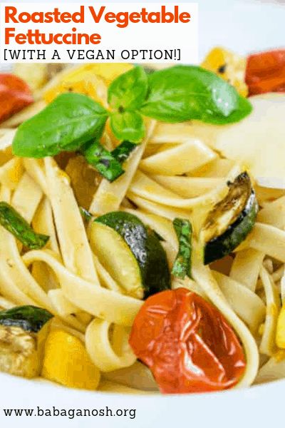 Roasted Vegetable Fettuccine - perfect vegetarian pasta recipe for #MeatlessMonday! Lots of fresh flavors in this easy dinner from the herbs and roasted vegetables #fettuccine #pasta #vegetarian #zucchini #squash #vegetables #pastarecipes #pastanight #dinner #vegetariandinner Easy Pasta Recipes Vegetarian, Pasta Recipes Vegetarian, Vegetarian Pasta Recipe, Easy Weeknight Pasta, Mini Peppers Recipes, Healthy Pasta Recipe, Pasta Vegetarian, Veggie Dinners, Easy Roasted Vegetables