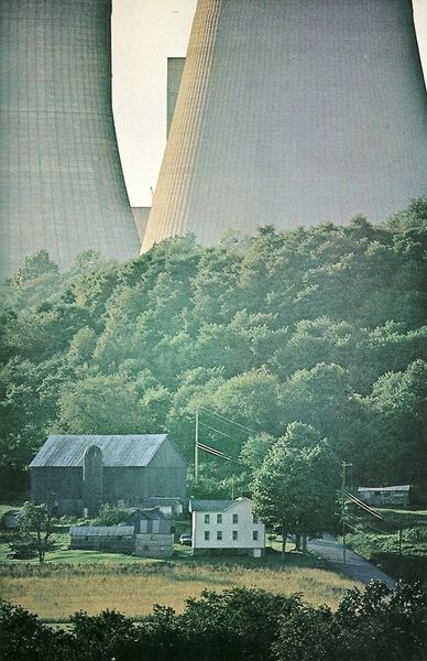 A farm shrinks below cooling towers of the Homer City power generating station in Pittsburgh  National Geographic | June 1978 National Geographic Archives, Vintage National Geographic, National Geographic Magazine, Nat Geo, The Secret History, Brutalism, Aesthetic Backgrounds, Aesthetic Photography, National Geographic