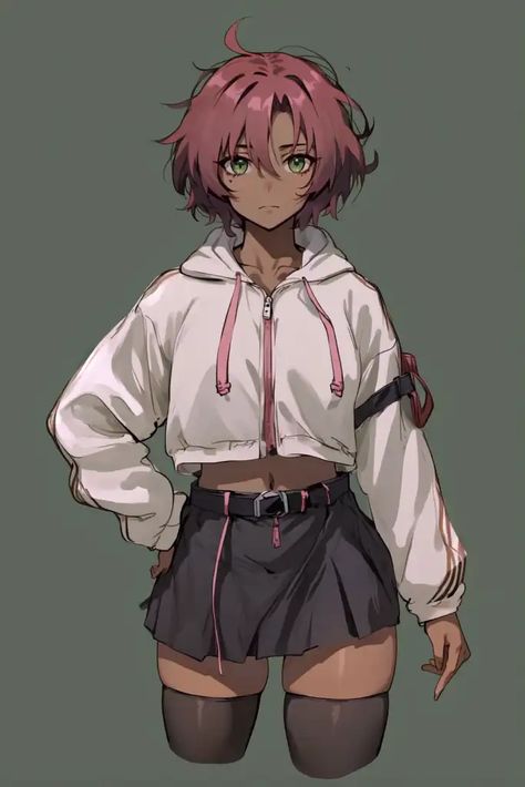 anime_style AI Artwork 'Batta' prompts: 1girl, melanin woman, brown skin, dark skinned female, red_hair, short_hair, short_red_hair, bangs, green_eyes, cropped_hoodie, skirt, black_belt, thighhighs Anime Dark Skin Woman, Short Red Hair, Female Shorts, Brown Skin, Black Belt, Cropped Hoodie, Green Eyes, Anime Style, Red Hair