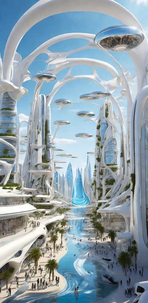 The year is 2030. A white city that rises from the desert, where sand and heat are transformed into energy and beauty. The city is a miracle of technology, using solar panels and mirrors to create electricity and water. The people are optimistic and visionary, dreaming of a better future for humanity. #Future2030 #FuturisticCivilization #InnovativeArchitecture #SustainableDesign #AdvancedTransportation #GreenUrbanSpaces #NatureMeetsTechnology #RenewableRevolution #OptimisticFuture #illustration Scifi City, Sci Fi City, Innovative Architecture, Cave Paintings, Fantasy City, White City, Futuristic Art, Fantasy Places, Futuristic City