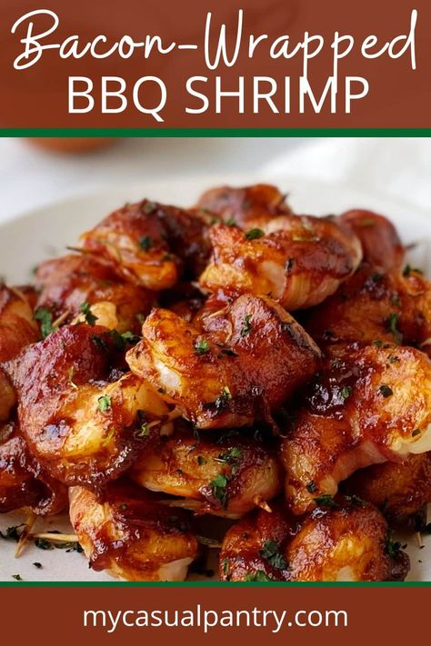 Bacon Wrapped Shrimp Appetizers, Bacon Wrap Shrimp Recipes, Shrimp Bbq Recipes, Wrapped Shrimp, Bbq Appetizers, Bacon Wrapped Shrimp, Delicious Appetizers, Bbq Shrimp, Bacon On The Grill