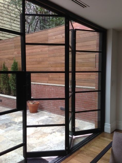 Manhattan Brown Stone - Steel Bi-Fold and Steel French Doors - Portella Steel French Doors, Steel Doors And Windows, Side Return, Glass Extension, Steel Windows, Door Glass Design, Lan Can, Casa Container, Design Industrial