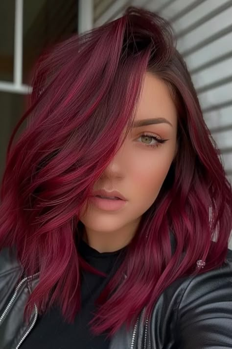 35+ Gorgeous Ways To Wear Red Highlights in Brown Hair - Flo's Blog Red Toned Hair Colors, Brown Hair Red Highlights Balayage, Red Rainbow Hair, Outfit Ideas For Red Hair, Bright Color Highlights In Brown Hair, Red Hair Combo, Red And Brown Hair Ideas, Brown And Colored Hair, Wine Red Balayage