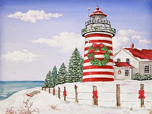 Christmas Bells Painting - Christmas Lighthouse-jp3897 by Jean Plout Christmas Lighthouse, Painted Christmas Cards, Lighthouse Painting, Christmas Paintings On Canvas, Lighthouse Art, Merry Christmas Images, Wallpaper Collage, Christmas Painting, Beach Christmas