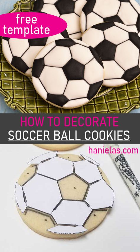 How to Decorate Soccer Ball Cookies with royal icing, using a simple  template. [Video] How To Make Soccer Ball Cookies, Soccer Ball Royal Icing Cookie, Soccer Cookies Decorated Easy, Royal Icing Soccer Cookies, Soccer Ball Cookie Template, Soccer Themed Cookies Decorated, Soccer Cookie Ideas, How To Decorate With Royal Icing Video, How To Decorate Soccer Ball Cookies