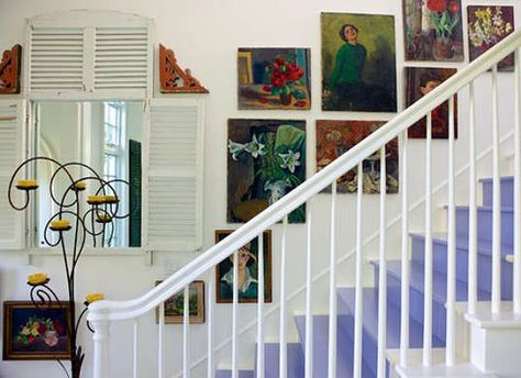 Painted Stairs Alison Kandler, Colorful Stairs, Beach Cottage Design, Sarah Richardson Design, Painted Staircases, Stairway Design, Storybook Cottage, Painted Stairs, Style Shabby Chic