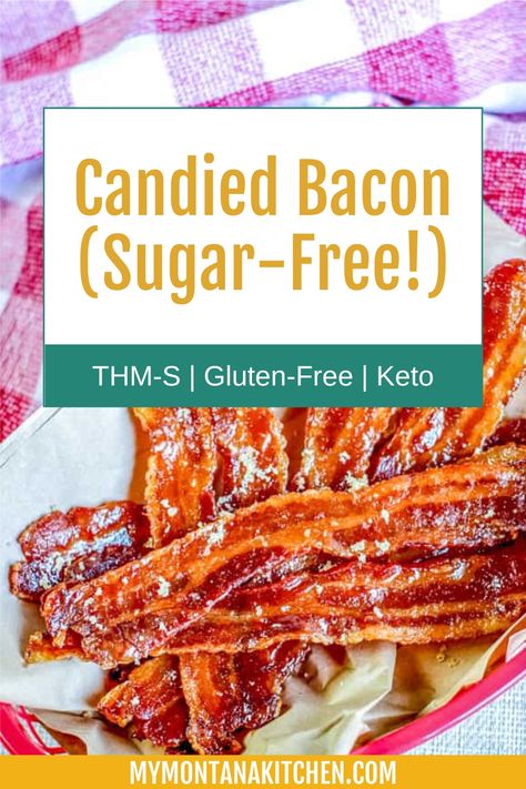 Sweet and savory collide in this quick and easy candied bacon recipe. 5 Ingredients are all you need to make it. And to keep it sugar-free, I use sugar-free brown sugar and sugar-free maple syrup! Candy Bacon Recipe, Candied Bacon Recipe, Montana Kitchen, Pig Candy, Loaded Cauliflower Casserole, Keto Bacon, Keto Candy, Sugar Free Maple Syrup, Bacon Recipe