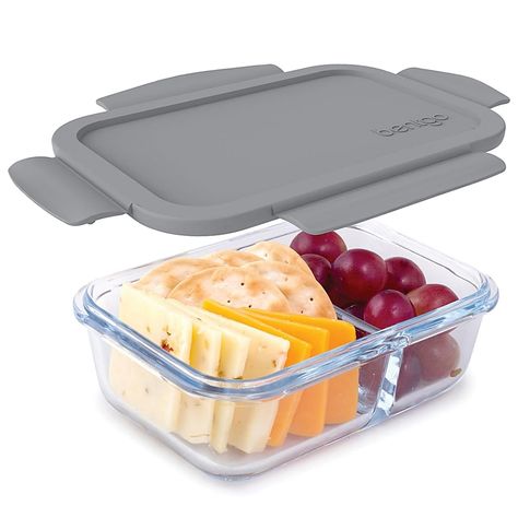 Bentgo Glass 14.2 Oz. Portable Snack Box In Grey - The bentgo Glass Snack Box provides an easy way to bring a snack with you on the go or to enjoy at school or work. It includes a divided glass tray with 2 sections for convenient portion control and has a leak-proof plastic lid with locking clips. - kitchen ideas Plastic Storage Containers, Portable Snacks, Dipping Sauces, Snack Containers, Plastic Container Storage, Snacks For Work, Lunch Containers, Kitchen Food Storage, Glass Food Storage