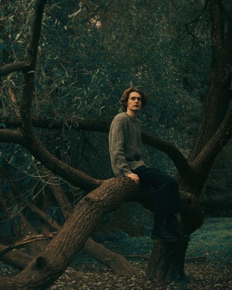 Red haired guy sitting on a tree in a beautiful forest Cottagecore Male, Cottagecore Men, Poses Art Reference, Evgeny Shwartz, Poses Art, Male Portrait Poses, Forest Photos, בר מצווה, Sitting Poses