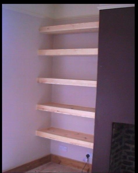 wall shelving ideas | Finished shelving job with shelves added to alcove area to the side of ... Alcove Ideas Living Room, Alcove Shelves, Ikea Floating Shelves, Alcove Shelving, Shelves And Storage, Diy Doctor, Industrial Floating Shelves, Long Floating Shelves, Floating Shelves Bedroom