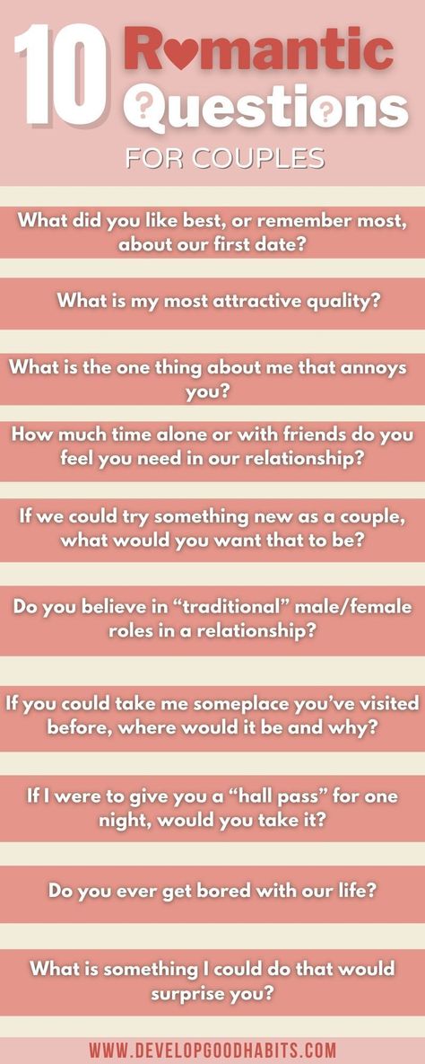 See 10 romantic questions to learn more about your date, romantic interest or partner in a fun and engaging way. Check out the full article for 43 Questions for Couples to Spark a Deep Conversation Compatability Questions For Couples, Q And A For Couples, Questions To Check In With Your Partner, Valentine Questions For Couples, Questionares For Couple, Fun Questions To Ask Your Boyfriend Relationships, Cute Questions For Couples, Interesting Questions For Couples, Couple Games Questions Relationships