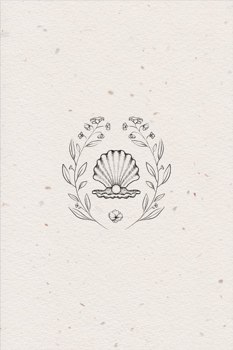 Hand-drawn illustrative of clamshell/seashell with pearl and floral elements for logo design. Logo design idea for coastal, sea inspired brand. Open Shell Tattoo, Pearl Illustration Drawing, Seashell And Pearl Tattoo, Clam Shell Pearl Tattoo, Shell Logo Ideas, Oyster Tattoo Pearl Simple, Pearl Shell Illustration, Sea Shell Logo Design, Shell Illustration Seashells