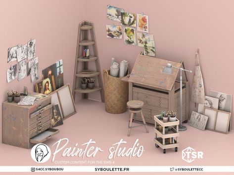 Sims 4 Artist Clothes, Ts4 Cc Sets, Sims 4 Cc Teenage Bedroom Patreon, Sims 4 Cc Artist, Sims 4 Artist Cc, Ts4 Cc House, Painter Studio, Painters Studio, Wall Drawings