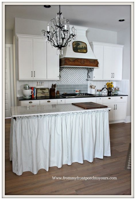 farmhouse kitchen island makeover-Skirted Kitchen Island-from my front porch to yours Skirted Kitchen Island, Kitchen Island Skirt, Diy Kitchen Cart, Island Makeover, Country French Farmhouse, Kitchen Island Makeover, Kitchen Work Tables, Kitchen Center Island, Kitchen Island Diy