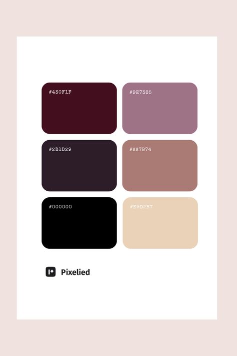 This sophisticated palette blends deep shades of charcoal and burgundy with muted tones of mauve and taupe, accented by soft, creamy hues. Perfect for conveying elegance and depth in design. Mauve Color Combinations, Purple Pastel Color Palette, Mauve Color Palette, Brown Bouquet, Yoga Branding Design, Color Scheme Generator, Burgundy Aesthetic, Color Generator, Pastel Color Palette