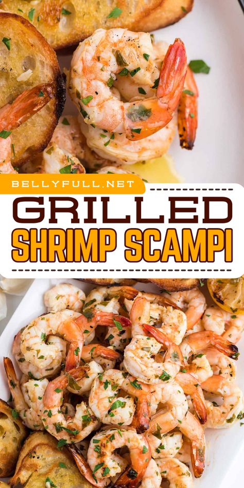 Elevate your summer grilling recipe by trying this Grilled Shrimp Scampi! Marinated in lemon, parsley, and garlic, these tender, plump shrimp are perfect for a Father's Day dinner menu or to gather around for your Memorial Day party food! Grilled Shrimp Scampi Recipe, Memorial Day Party Food, Grilled Shrimp Marinade, Seafood Pasta Dishes, Easy Shrimp Scampi, Shrimp Scampi Pasta, Memorial Day Party, Fresh Seafood Recipes, Shrimp Scampi Recipe