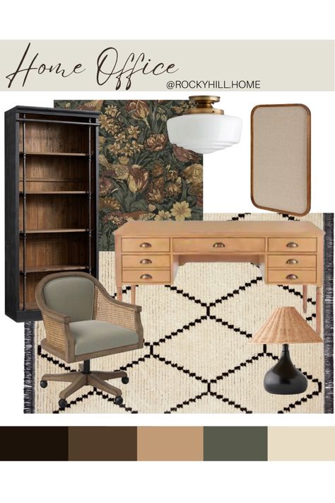 Light Wood Desk Office, Moody Green Home Office, Anthropologie Inspired Home Office, Moody Eclectic Office, Wallpaper Office Nook, Moody Office Desk, Dark Feminine Home Office, Vintage Office Wallpaper, Moody Small Office Inspiration