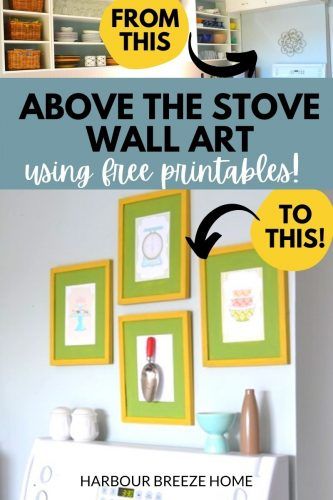 Quick & Easy Above the Stove Wall Art| Dress up the space above your kitchen stove with this colorful and fun wall art. It's easy to do using free printables! Art Over Stove, Blue Grey Walls, Budget Kitchen Remodel, Above Couch, Acrylic Craft Paint, Cool Wall Art, Free Printable Art, Kitchen On A Budget, Kitchen Prints