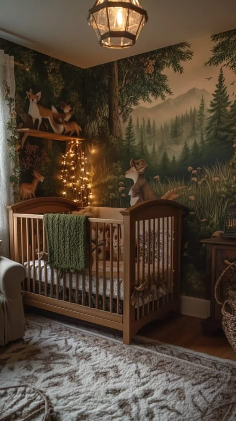 Nursery Forest Wallpaper, Woodland Nursery Furniture, Forrest Nursery Neutral, Dark Whimsical Nursery, Woodland Vintage Nursery, Enchanted Forest Nursery Ideas, Northern Lights Nursery, Boy Nursery Woodland Theme, Forest Fairy Nursery