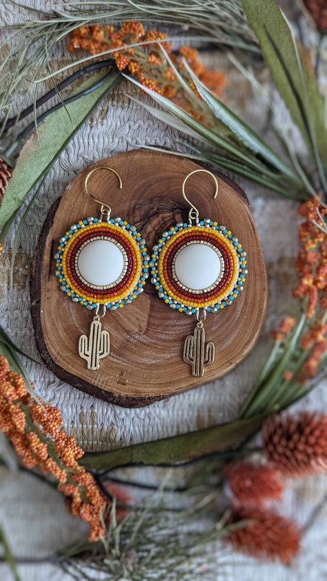 Cabochon Earrings, Red And Orange, Gold Yellow, Cream White, Beaded Earrings, Bead Work, Seed Beads, Jewelry Earrings Dangle, Matte Black