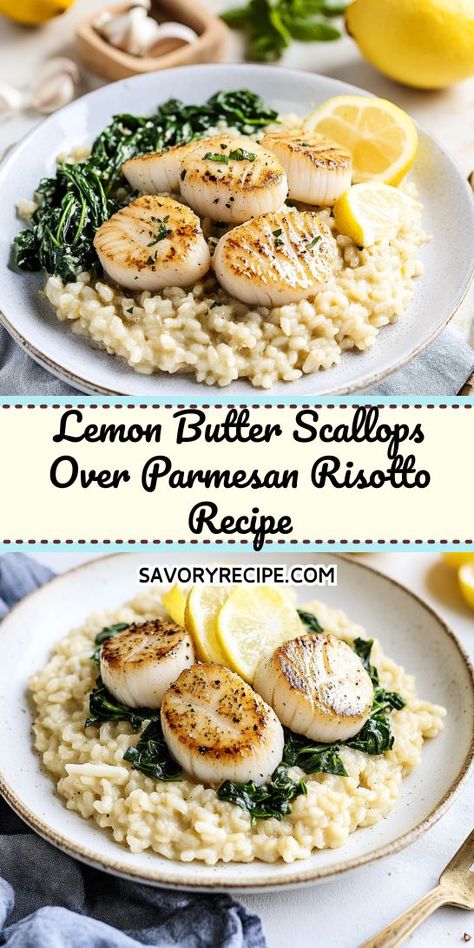 Craving a gourmet seafood dinner that’s both easy and elegant? This Lemon Butter Scallops over Parmesan Risotto recipe will impress your guests and elevate your weeknight meals. Save this delightful dish for your next special occasion or cozy dinner at home! Scallop Dinner Recipes, Scallops And Risotto, Scallops Dinner Ideas, Scallop Risotto Recipes, Fun Dinner Recipes, Scallops Dinner, Lemon Butter Scallops, Scallop Risotto, Scallop Dinner