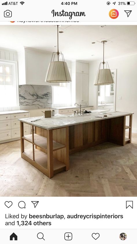 Wood Wrapped Kitchen Island, Bookshelf Island, Island With Bookshelf, Herringbone Wood Floor Kitchen, Wood Island Kitchen, Kitchen Island Bookshelf, Wood Kitchen Islands, Old Kitchen Ideas, Shelves In Kitchen