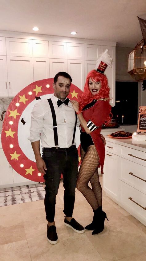 Circus Knife Thrower Costume, Couples Circus Costume, Circus Couples Costume, Freakshow Halloween Costume, Mens Circus Costume Ideas, Magician Couple Costume, Carnival Theme Costumes, Circus Couple Costume, Knife Thrower Costume