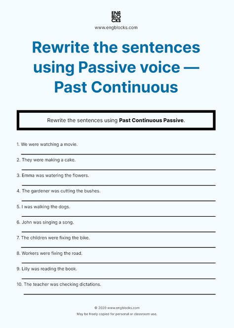 Rewrite the sentences using Past Continuous Passive. You can easily download this worksheet FREE on the website. Print-friendly. Answer key included. #english #passivevoice #englishgrammar #eslworksheets #esl #eslwebsite #engblocks Present Passive Worksheet, Present Simple Passive Worksheet, Passive Worksheet, English Conversation For Kids, Presente Simple, Active And Passive Voice, English Grammar Exercises, Passive Voice, Adjective Worksheet