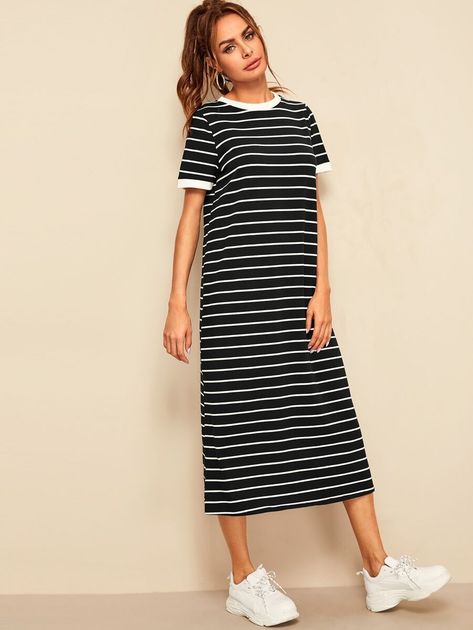 Horizontal Striped Tunic Ringer Dress for Sale Australia| New Collection Online| SHEIN Australia Horizontal Striped Dress, Arabian Clothing, Striped Tee Dress, Natural Clothing, Preppy Dresses, Combo Dress, Striped Tunic, Round Neck Dresses, Burgundy Dress