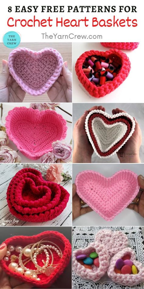 Create your beautiful Valentine's Day baskets with this collection of free crochet patterns curated by The Yarn Crew. Valentine’s Crochet Patterns, Crochet Heart Basket Free Pattern, Valentines Day Knitting, Free Crochet Valentine's Day Patterns, Crochet Patterns For Valentine's Day, Valentine Day Crochet Ideas, Valentine Crochet Patterns Free Gift Ideas, Valentines Crochet Gifts, Free Crochet Valentines Ideas